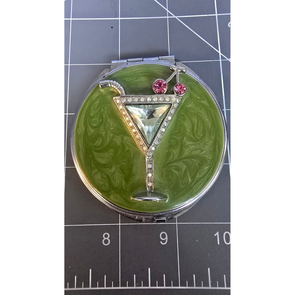 Green Enamel Martini Glass Rhinestone Compact Folding Pocket Mirror